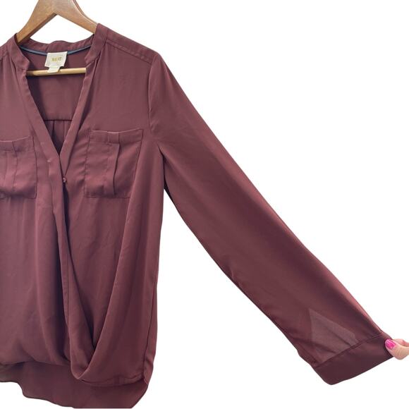 Anthropologie Maeve Eva Faux Wrap Drape Front Blouse Burgundy Mauve Size 6 - Picture 2 of 7